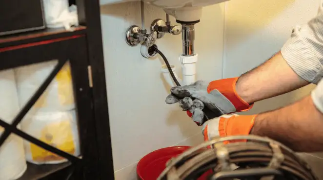 Drain cleaning technician using a motorized plumbing snake to clear a clogged sink pipe in Pueblo, CO